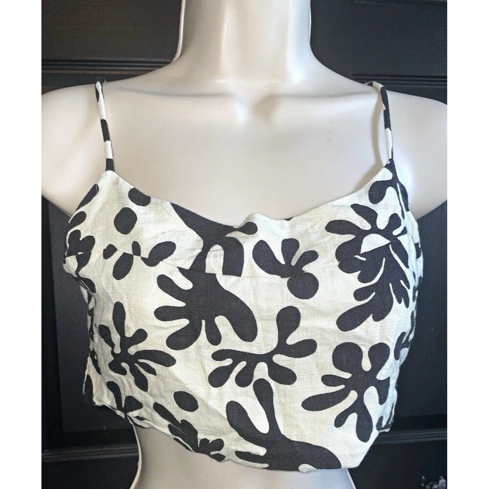 Lost + Wander White/Black Abstract Smocked Stretch Cropped Cami Top Size S